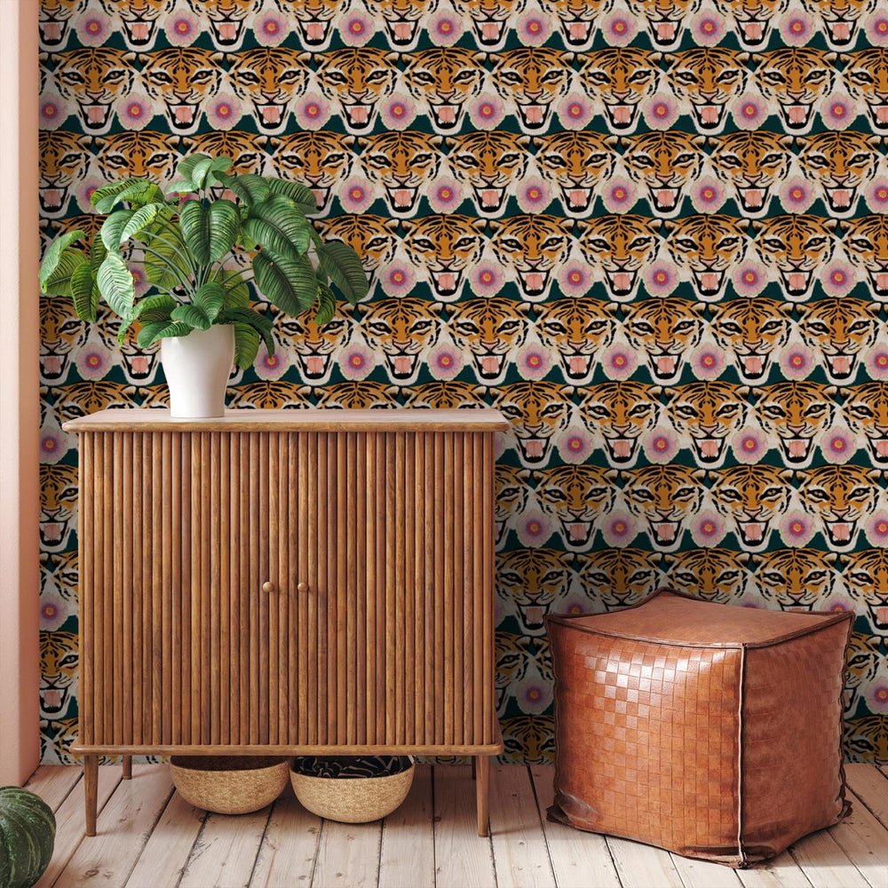 Tigerlily Wallpaper - Emerald Green, Pink & Orange - Lust Home - LH900170 - Premier Wallcovering