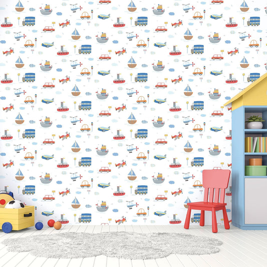 Tiny Tots 2 Transportation Wallpaper - Blue / Orange / Red - Galerie - G78415 - Premier Wallcovering
