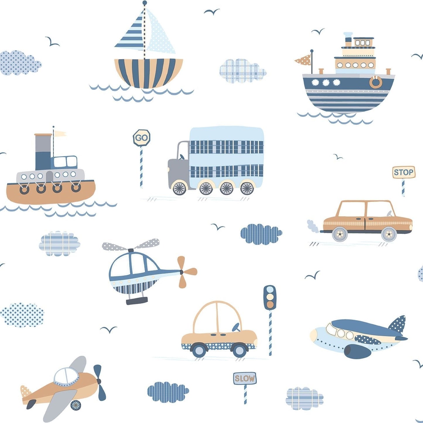 Tiny Tots 2 Transportation Wallpaper - Brown / Sky Blue / Navy - Galerie - G78416 - Premier Wallcovering
