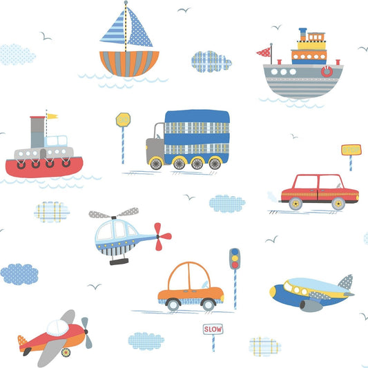 Tiny Tots 2 Transportation Wallpaper - Blue / Orange / Red - Galerie - G78415 - Premier Wallcovering