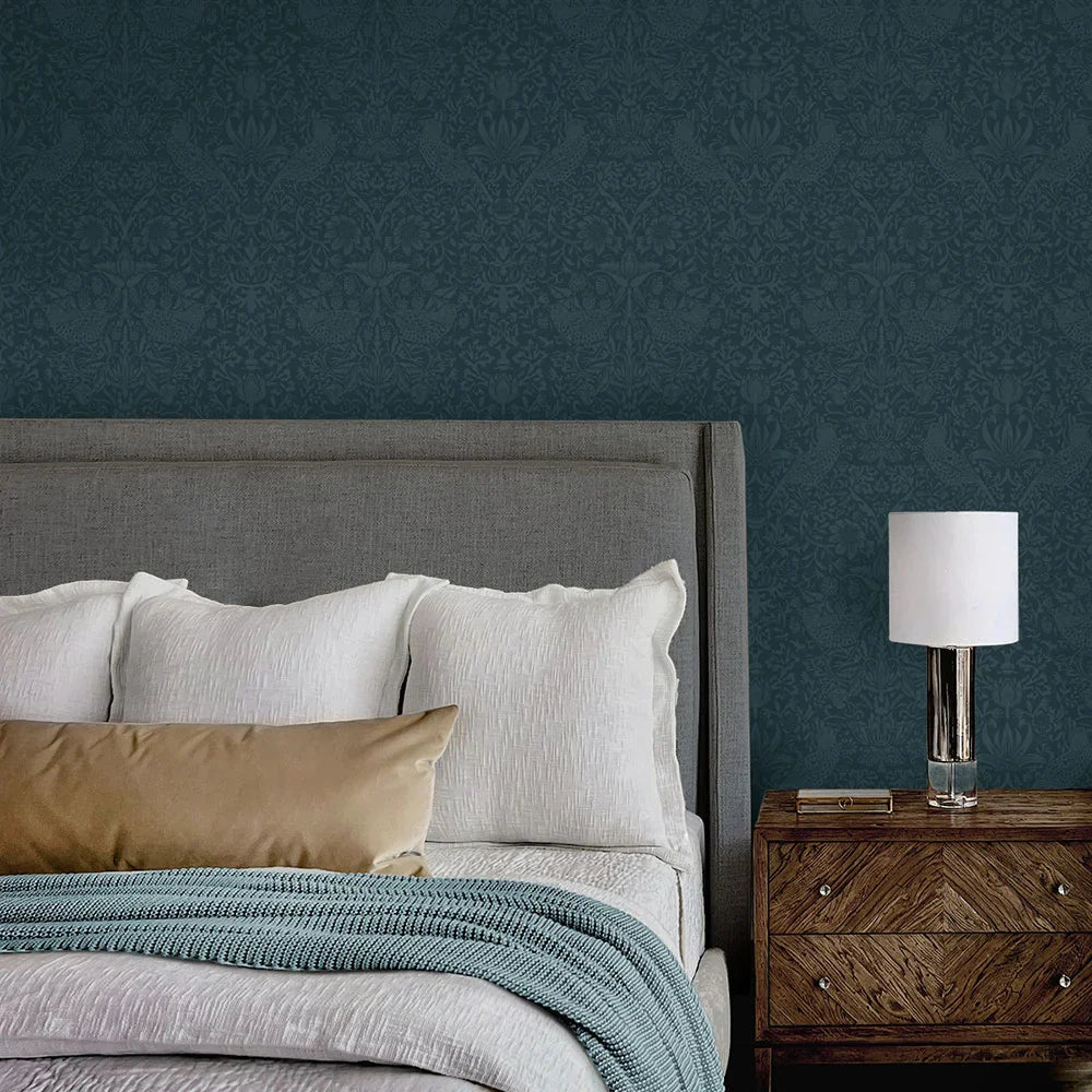 Tonal Bird Garden Wallpaper - Slate Blue - NextWall - NW54402 - Premier Wallcovering