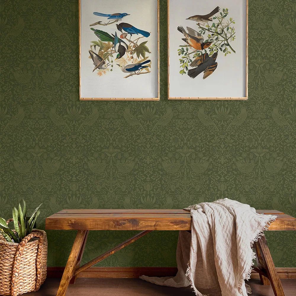 Tonal Bird Garden Wallpaper - Moss Green - NextWall - NW54404 - Premier Wallcovering