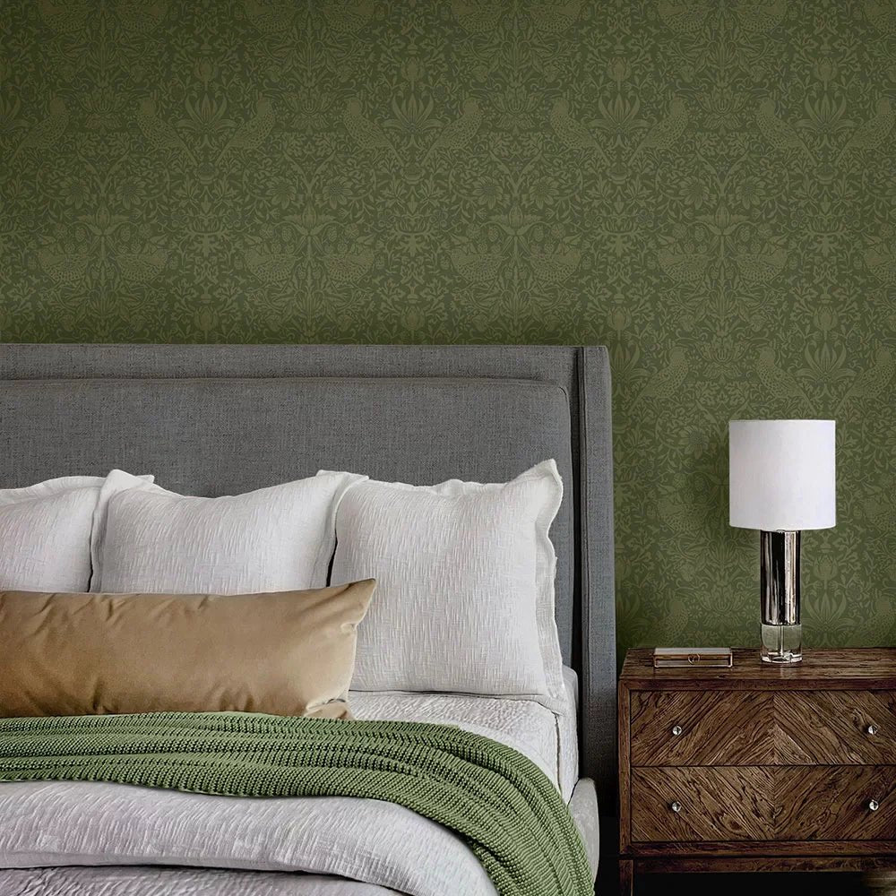 Tonal Bird Garden Wallpaper - Moss Green - NextWall - NW54404 - Premier Wallcovering