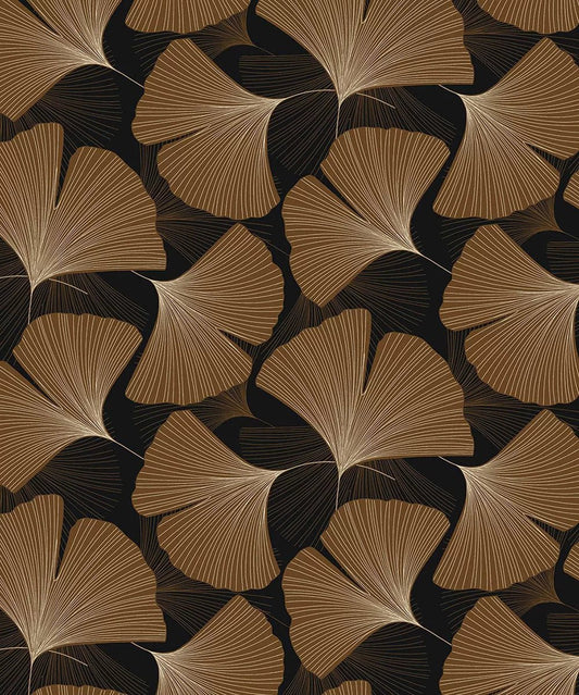 Tossed Ginkgo Leaf Wallpaper - Ebony & Metallic Copper - NextWall - NW52206 - Premier Wallcovering