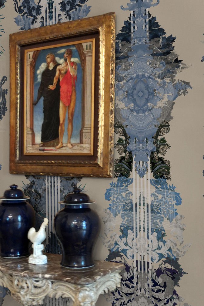 Totem Damask Wallpaper - Black & Blue - Timorous Beasties - ROR/TTD/MATT/02 - Premier Wallcovering