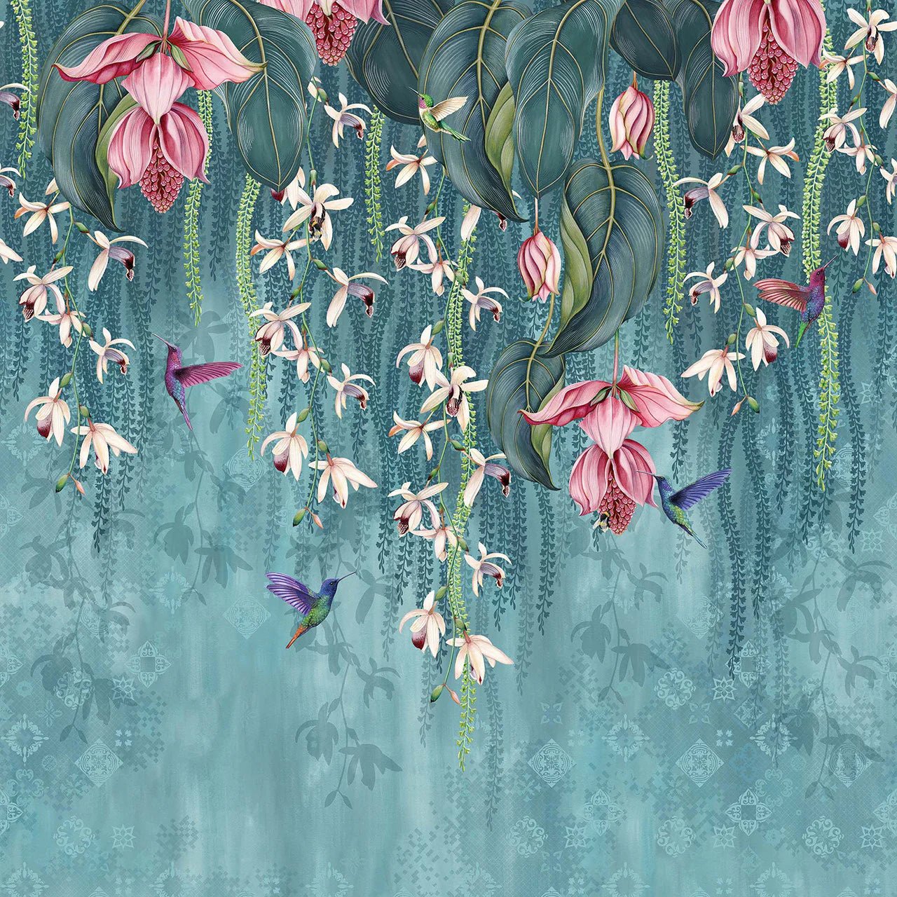 Trailing Orchid Wallpaper - Teal / Pink - Osborne & Little - W7334-01 - Premier Wallcovering