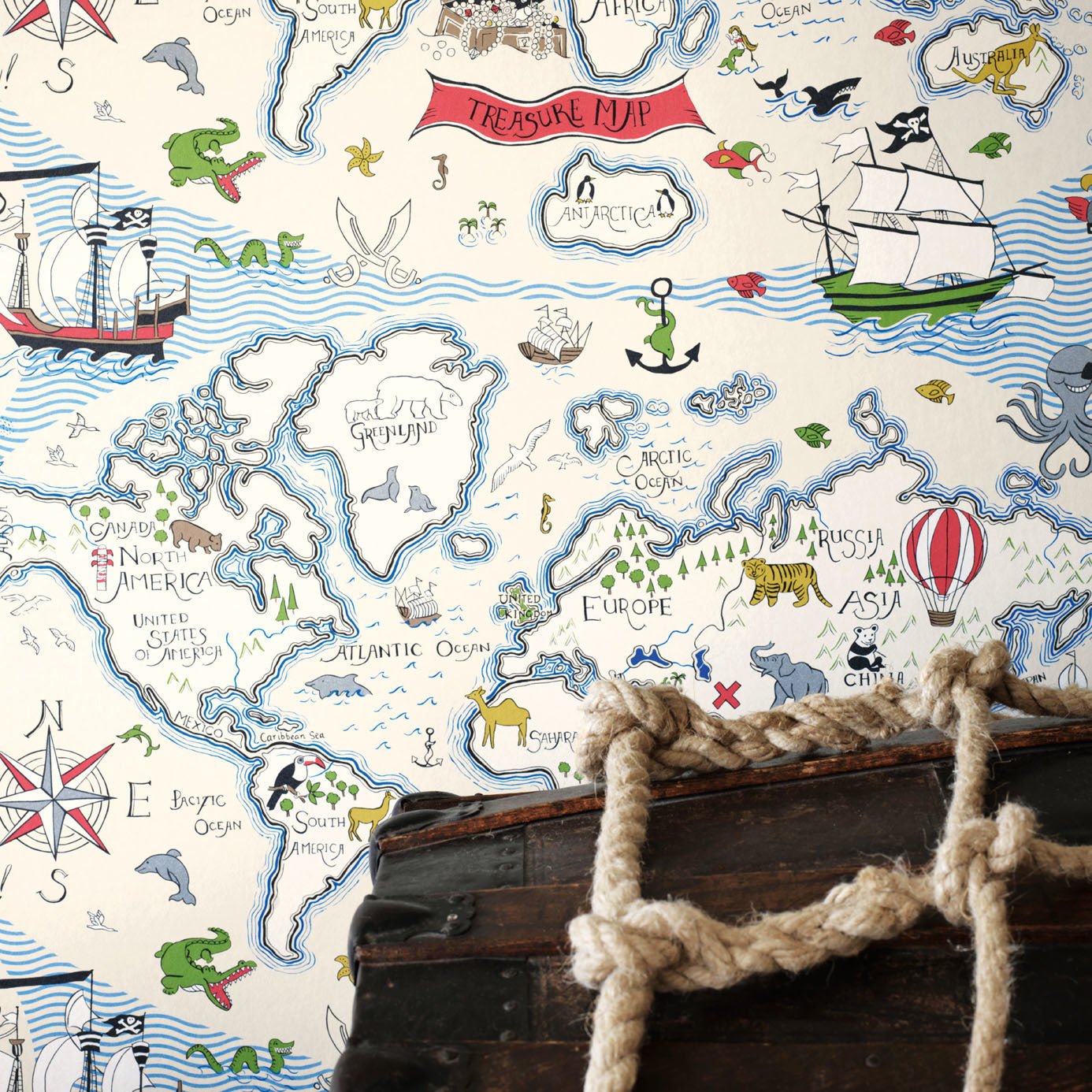 Treasure Map Wallpaper - Sea Blue - Sanderson - DLIT214038 - Premier Wallcovering