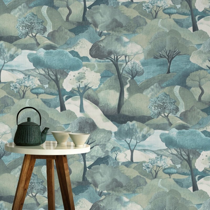 Tree Landscape Wallpaper - Turquoise - Erismann - 10433 - 07 - Premier Wallcovering