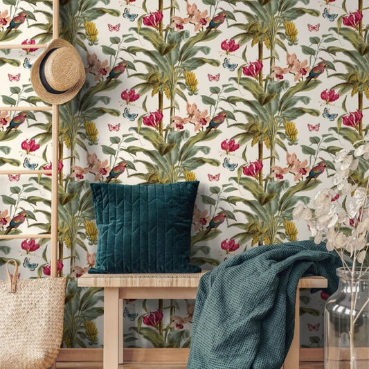 Tropical Palm Butterflies Wallpaper - Pink Multi - Grandeco - JF2001 - Premier Wallcovering