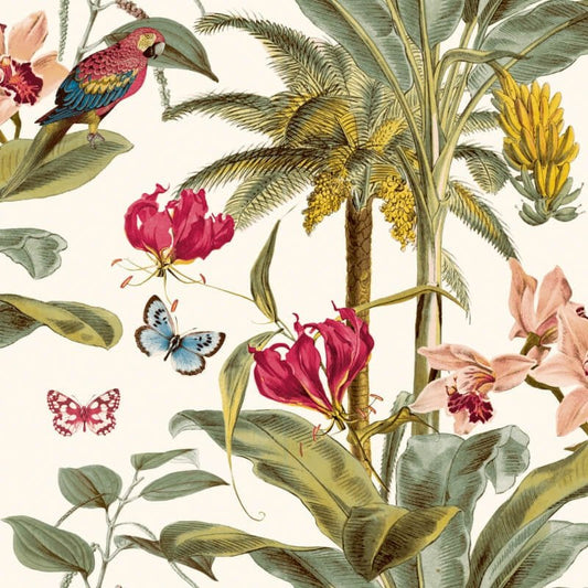Tropical Palm Butterflies Wallpaper - Pink Multi - Grandeco - JF2001 - Premier Wallcovering