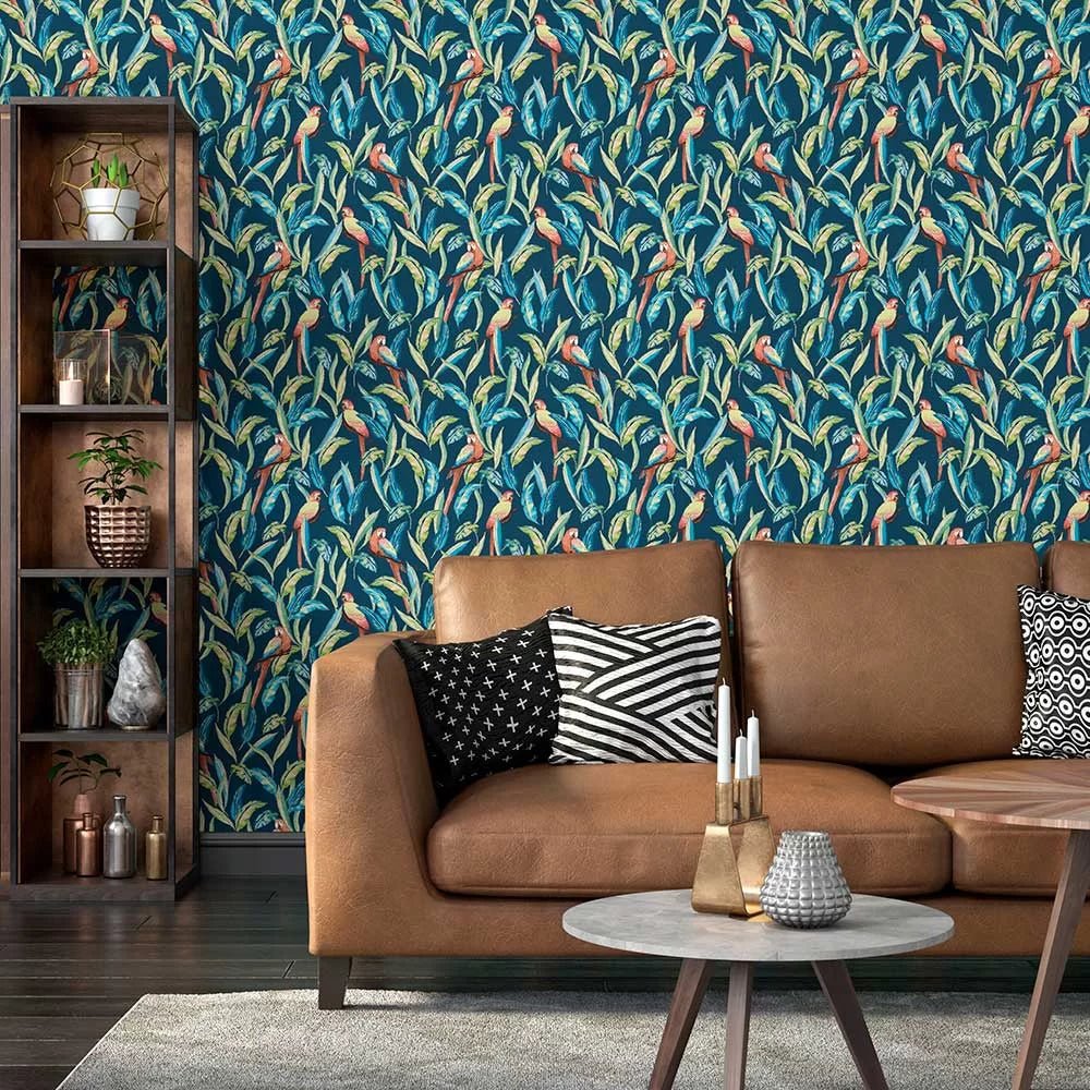 Tropical Parrot Wallpaper - Indigo Multi - Ohpopsi - WLD53117W - Premier Wallcovering
