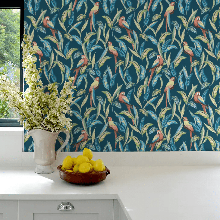 Tropical Parrot Wallpaper - Indigo Multi - Ohpopsi - WLD53117W - Premier Wallcovering