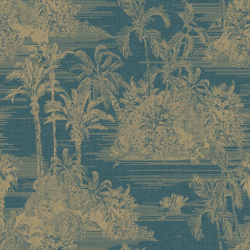 Tropical Toile Wallpaper - Blue/Gold - Muriva - M37301 - Premier Wallcovering