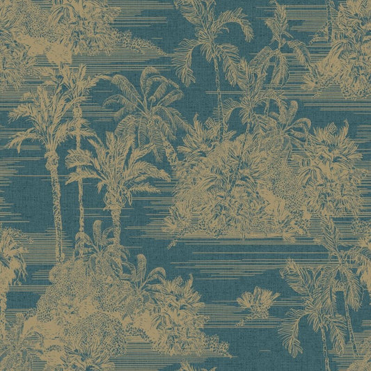 Tropical Toile Wallpaper - Blue/Gold - Muriva - M37301 - Premier Wallcovering