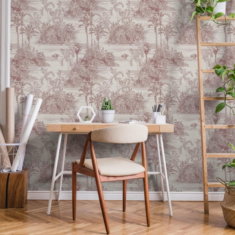 Tropical Toile Wallpaper - Cream/Red - Muriva - M37310 - Premier Wallcovering