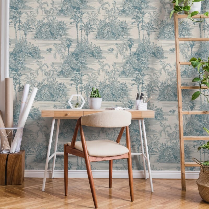 Tropical Toile Wallpaper - Cream/Blue - Muriva - M37311 - Premier Wallcovering