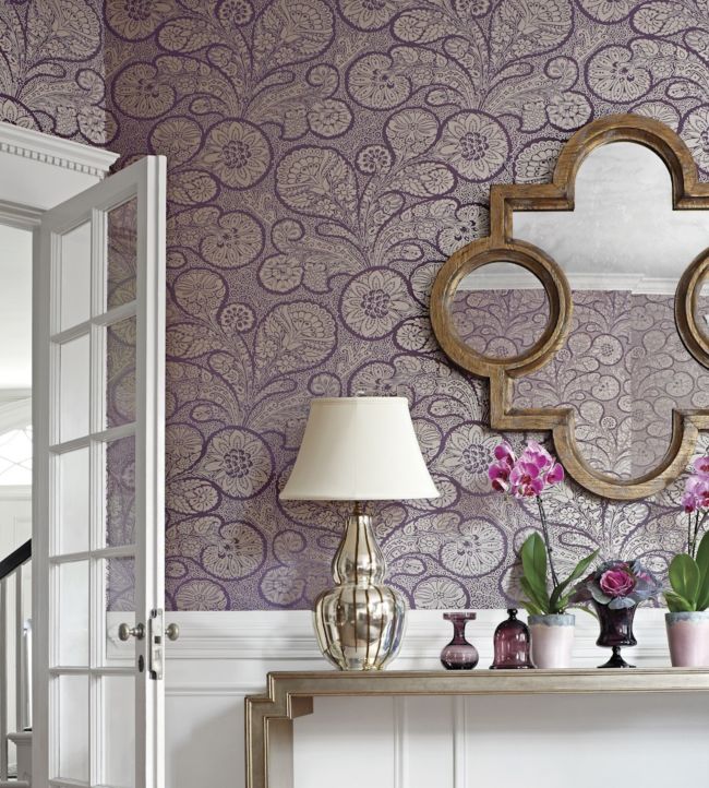 Troubadour Wallpaper - Metallic Gold on Plum - Thibaut - T13062 - Premier Wallcovering