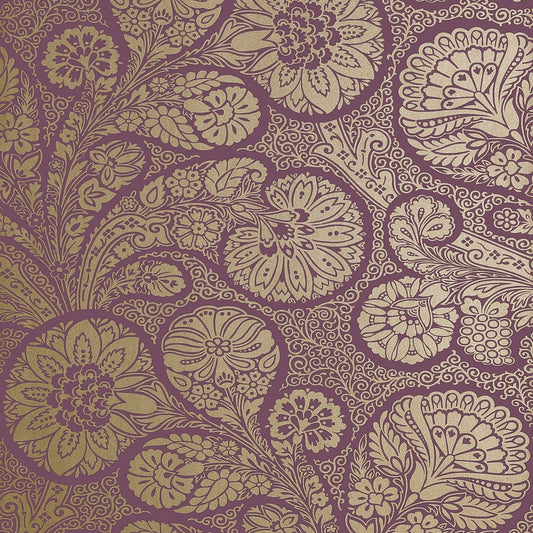 Troubadour Wallpaper - Metallic Gold on Plum - Thibaut - T13062 - Premier Wallcovering