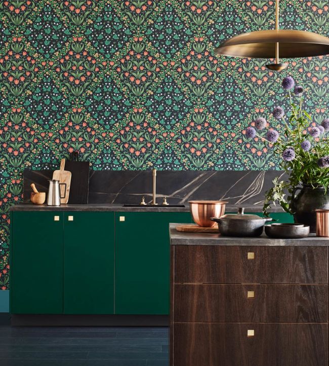 Tudor Garden Wallpaper - Rouge & Forest Green on Charcoal - 118/2002 - Cole & Son - Premier Wallcovering