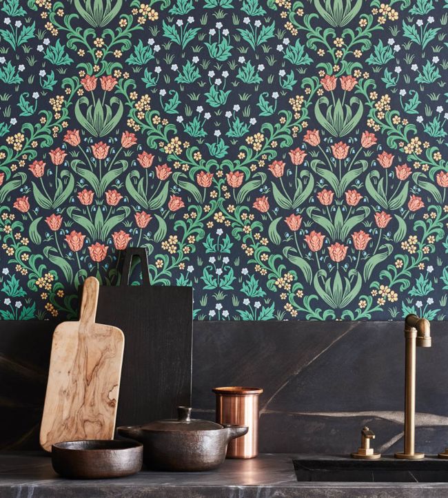 Tudor Garden Wallpaper - Plum & Olive Green on Charcoal - 118/2003 - Cole & Son - Premier Wallcovering