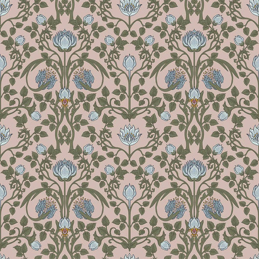 Tulip Garden Wallpaper - Mineral and Forest Green on Vintage Rose - LAN100038 - Lucie Annabel - Premier Wallcovering