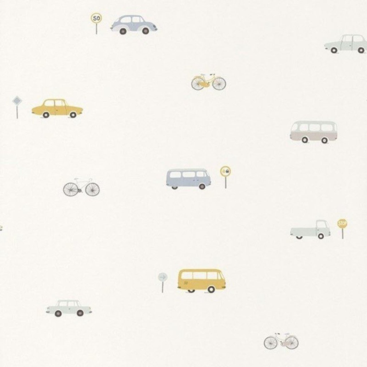 Vintage Cars Happy Dreams Wallpaper - Bleu And Jaune - Casadeco - 82776216 - Premier Wallcovering