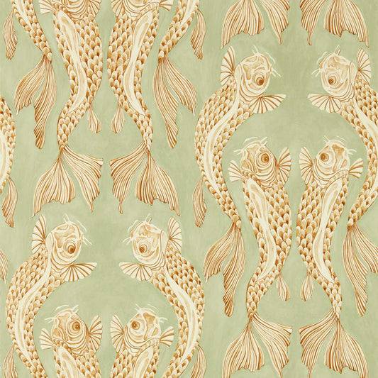 Voyaging Koi Wallpaper - Oriental Green/Honey - DWAW217114 - Sanderson - Premier Wallcovering