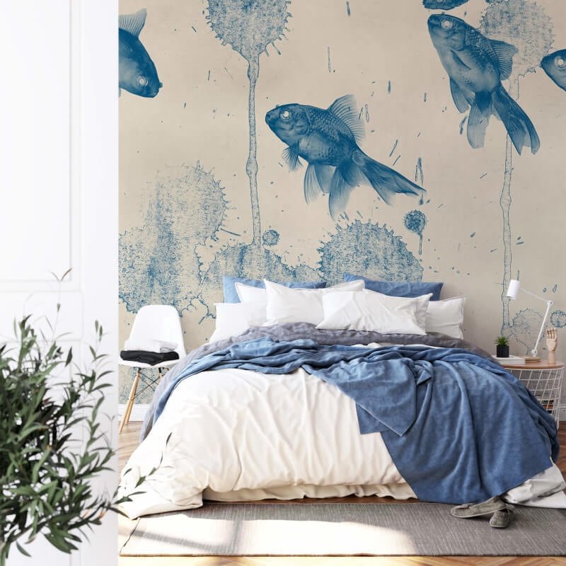 Blue Fish Wall Mural - Blue - Anaglypta - 5444-8 - Premier Wallcovering