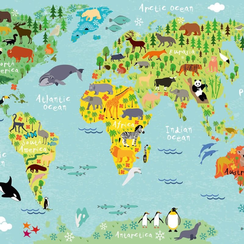 Kids World Map Animals Wall Mural - Multi - Anaglypta - 5451-8 - Premier Wallcovering
