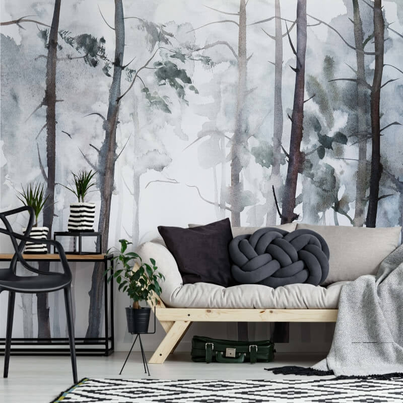 Watercolour Forest Wall Mural - Black/White - Anaglypta - 5455-8 - Premier Wallcovering