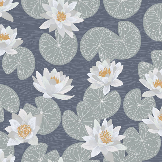 Water Lilies Wallpaper - Blue - Summer Gray - Premier Wallcovering