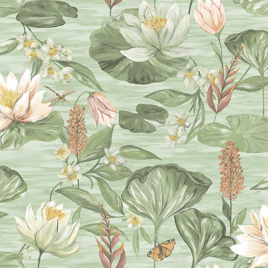 Water Lily Wallpaper - Green - Holden Décor - 91641 - Premier Wallcovering
