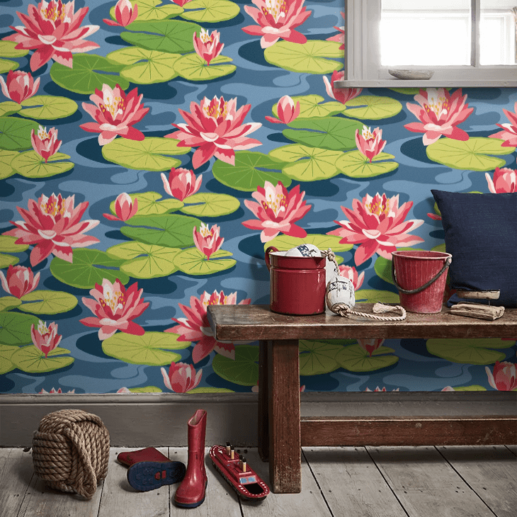 Waterlily Wallpaper - Midnight Rouge - Ohpopsi - IKA50104W - Premier Wallcovering