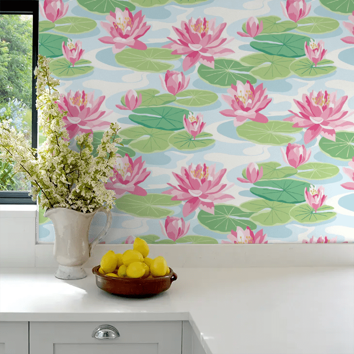 Waterlily Wallpaper - Sky & Rose - Ohpopsi - IKA50101W - Premier Wallcovering