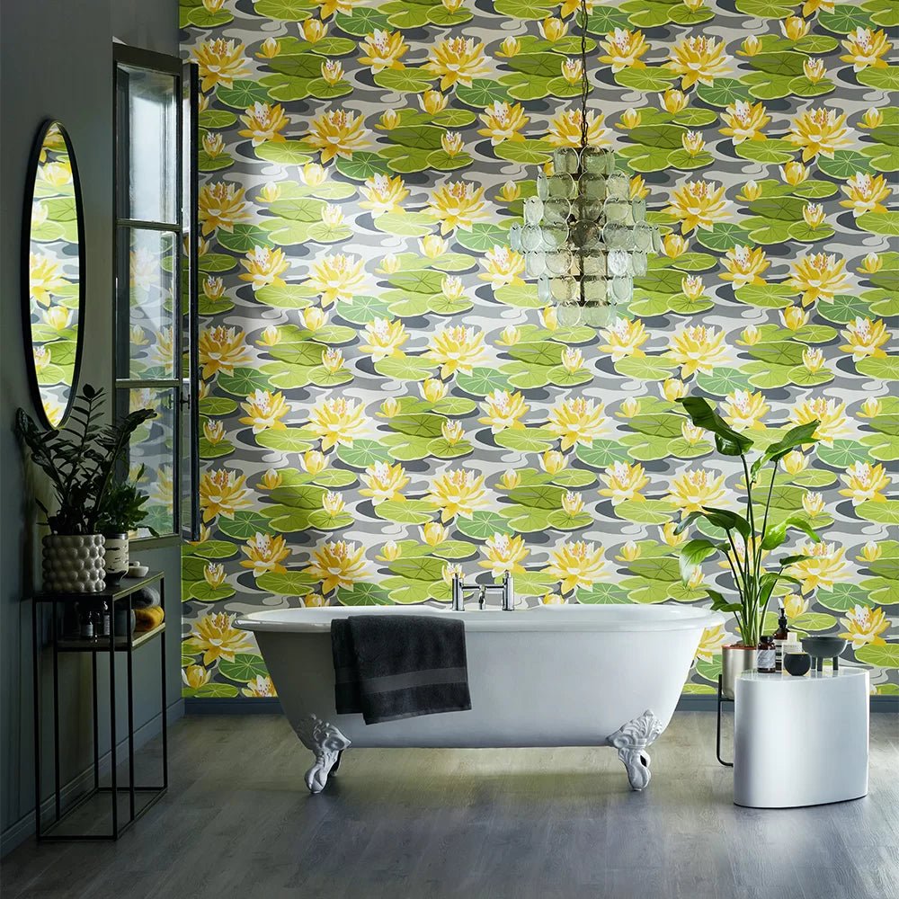 Waterlily Wallpaper - Charcoal & Mustard - Ohpopsi - IKA50105W - Premier Wallcovering