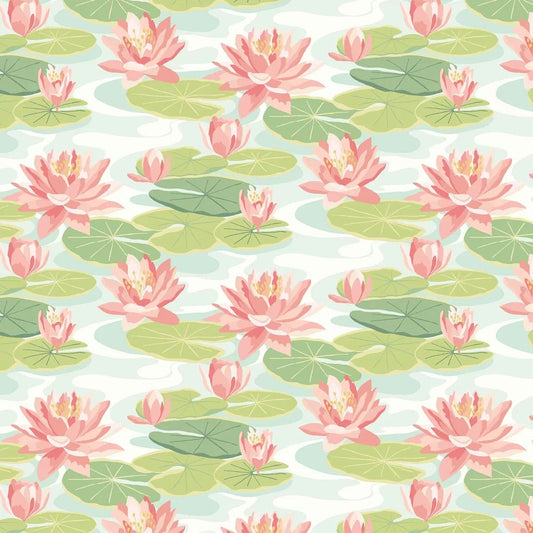 Waterlily Wallpaper - Duck Egg & Coral - Ohpopsi - IKA50102W - Premier Wallcovering