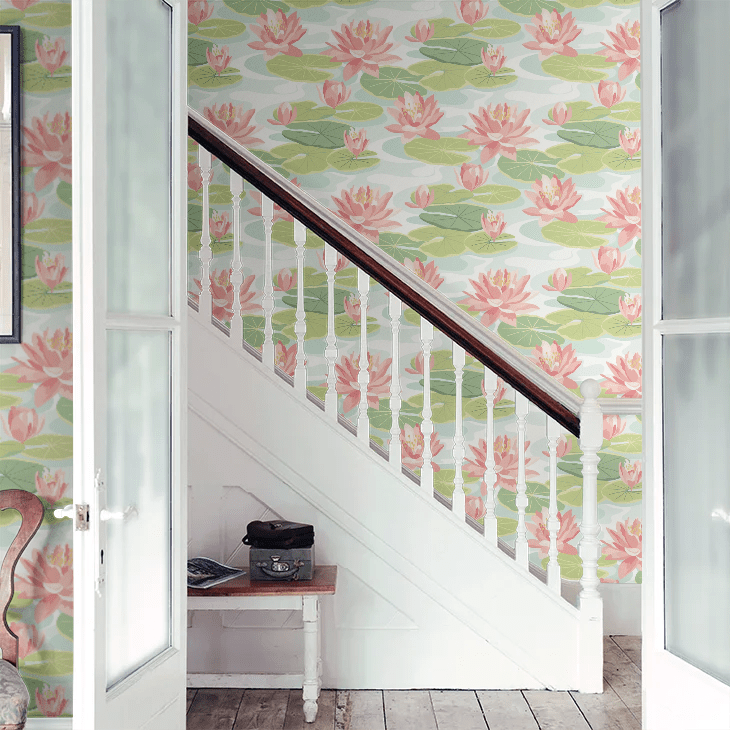 Waterlily Wallpaper - Duck Egg & Coral - Ohpopsi - IKA50102W - Premier Wallcovering