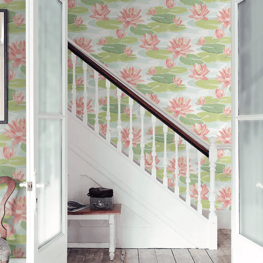 Waterlily Wallpaper - Duck Egg & Coral - Ohpopsi - IKA50102W - Premier Wallcovering