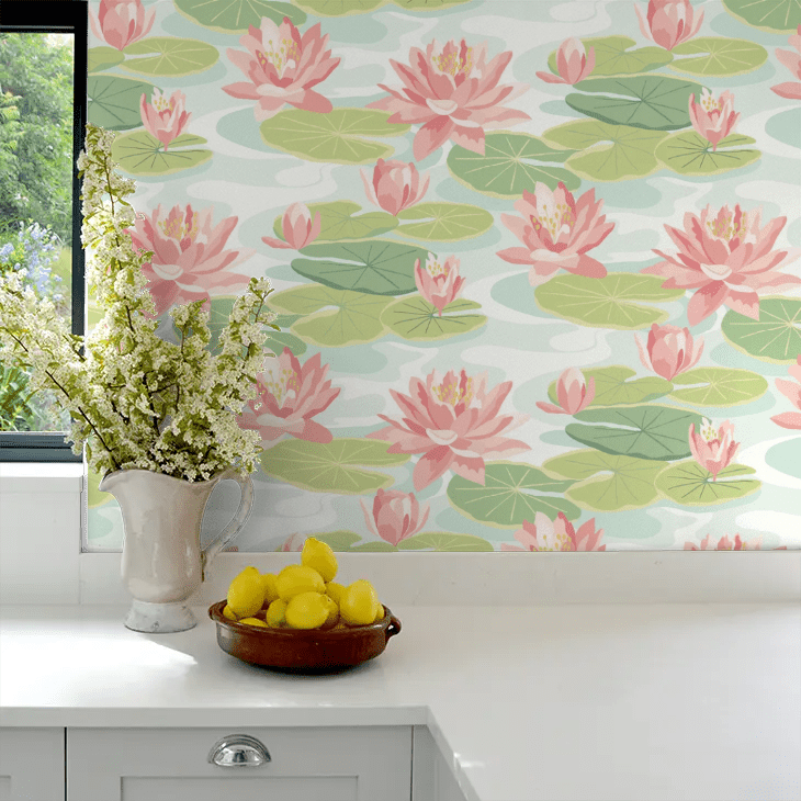 Waterlily Wallpaper - Duck Egg & Coral - Ohpopsi - IKA50102W - Premier Wallcovering