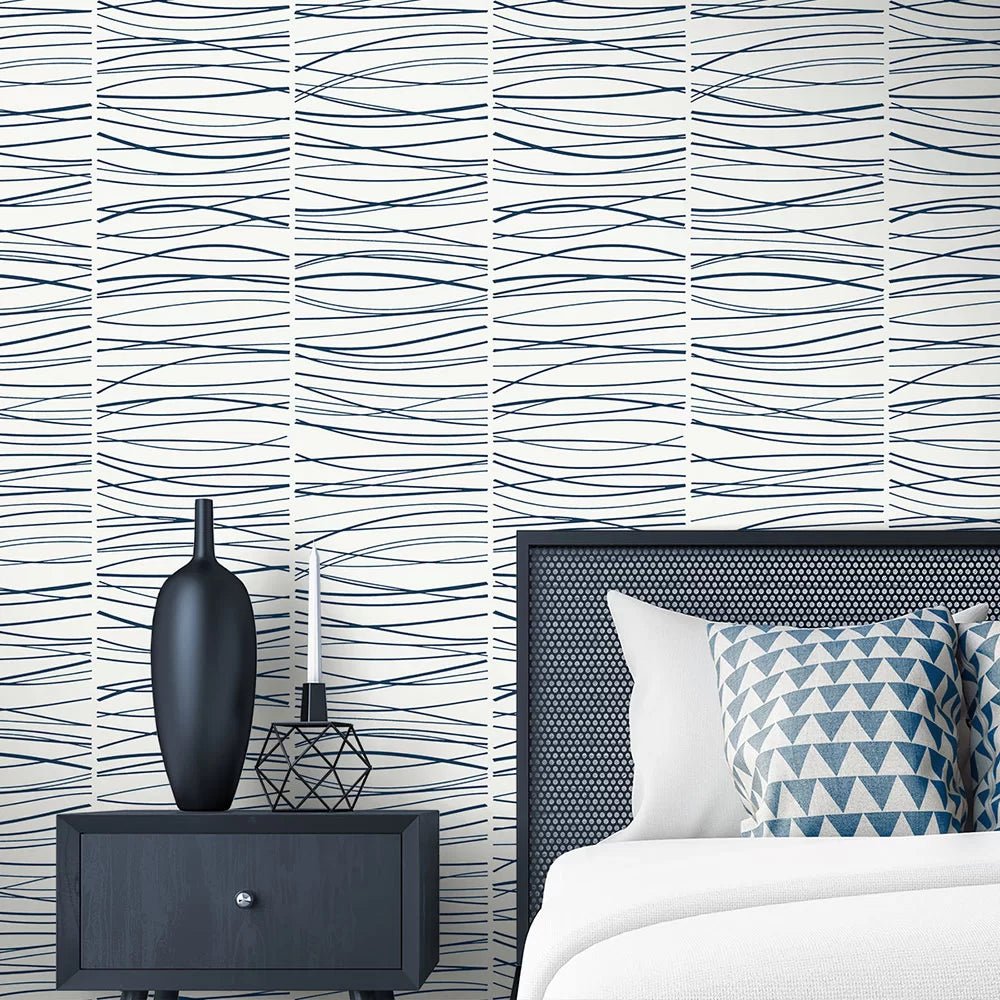 Wave Lines Wallpaper - Blue - NextWall - NW55602 - Premier Wallcovering