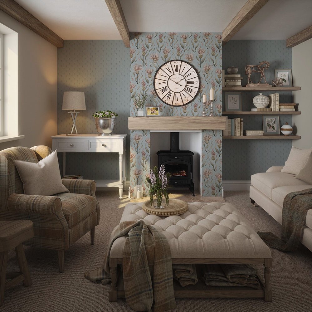 Wee Thistle Wallpaper - Cornflower Blue on Mineral Mist - LAN100354 - Lucie Annabel - Premier Wallcovering