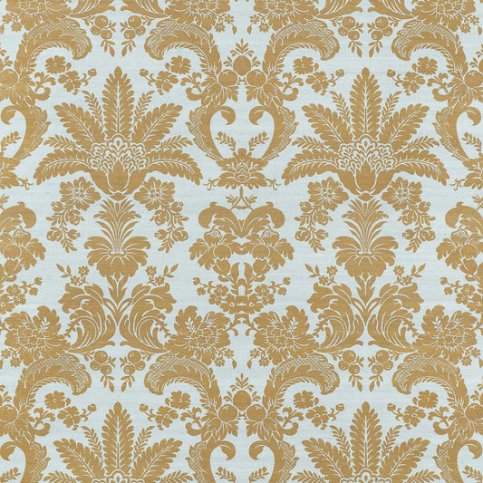 West Indies Damask Wallpaper - Metallic Gold on Aqua - Thibaut - T3629 - Premier Wallcovering