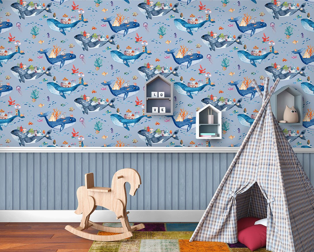 Whale Town Wallpaper - Blue - Holden Décor - 13220 - Premier Wallcovering