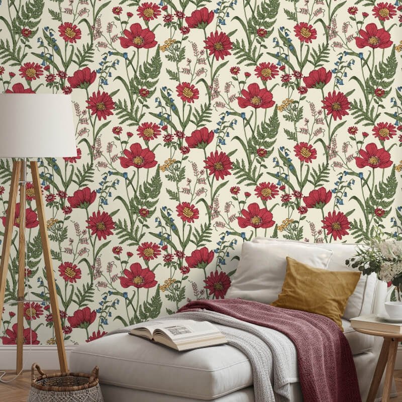 Wild Meadow Wallpaper - Red Multi - Fine Décor - FD43335 - Premier Wallcovering