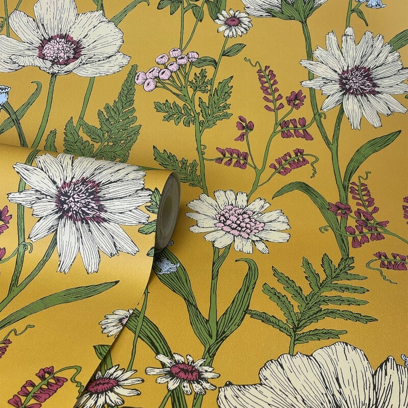 Wild Meadow Wallpaper - Mustard Multi - Fine Décor - FD43336 - Premier Wallcovering