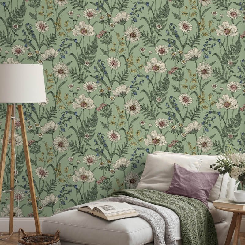 Wild Meadow Wallpaper - Sage Multi - Fine Décor - FD43337 - Premier Wallcovering