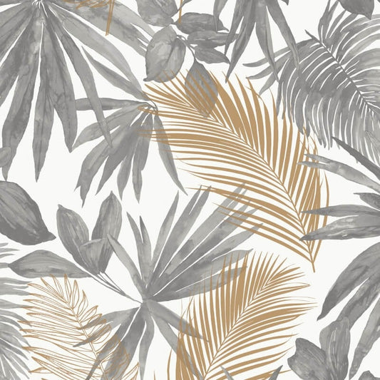 Wild Palm Leaves Metallic Wallpaper - Grey/Gold - Grandeco - JF3601 - Premier Wallcovering