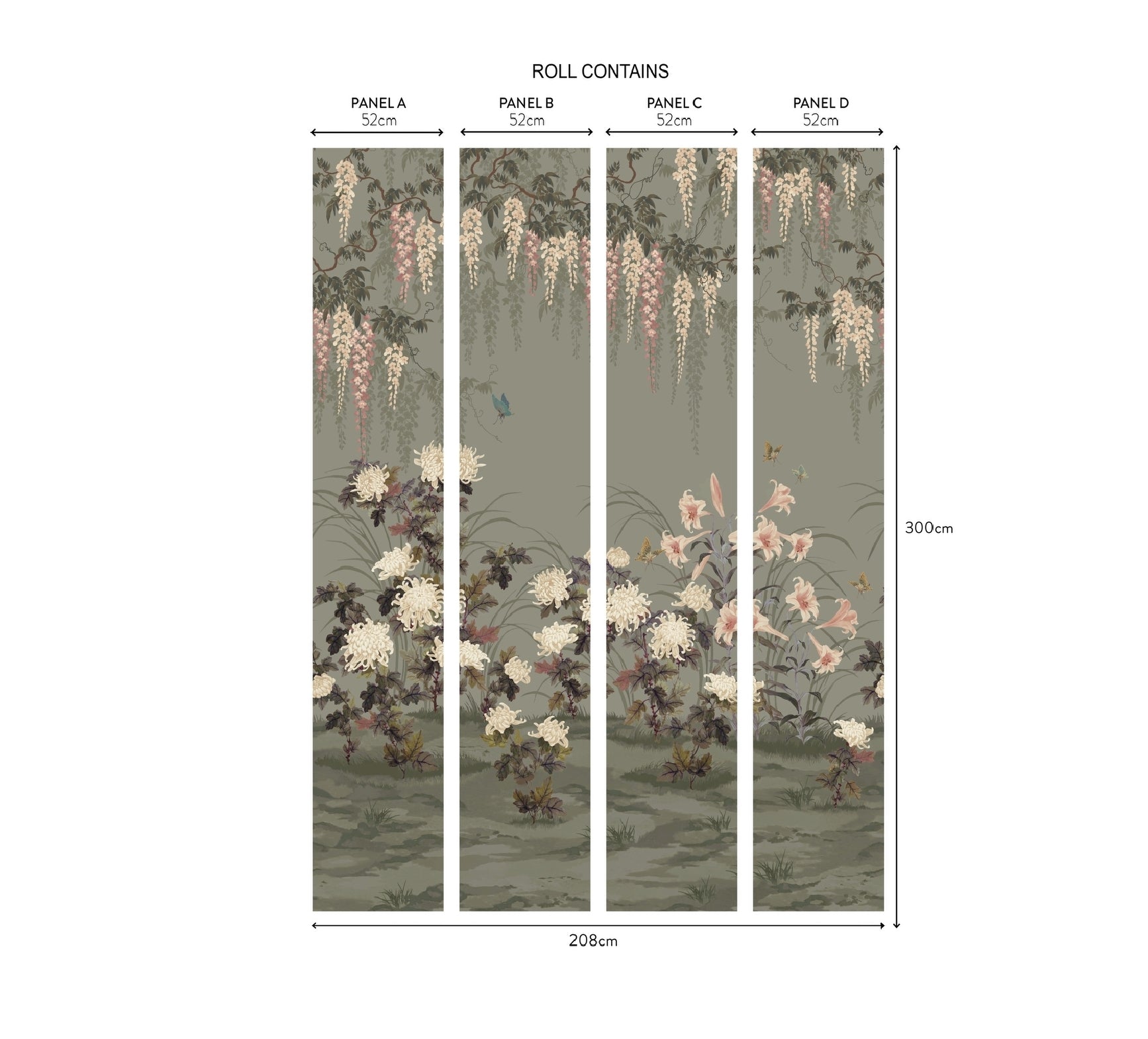 Wisteria Bloom Wall Mural - Dark Sage Green - 1838 wallcoverings - 2513 - 191 - 04 - Premier Wallcovering