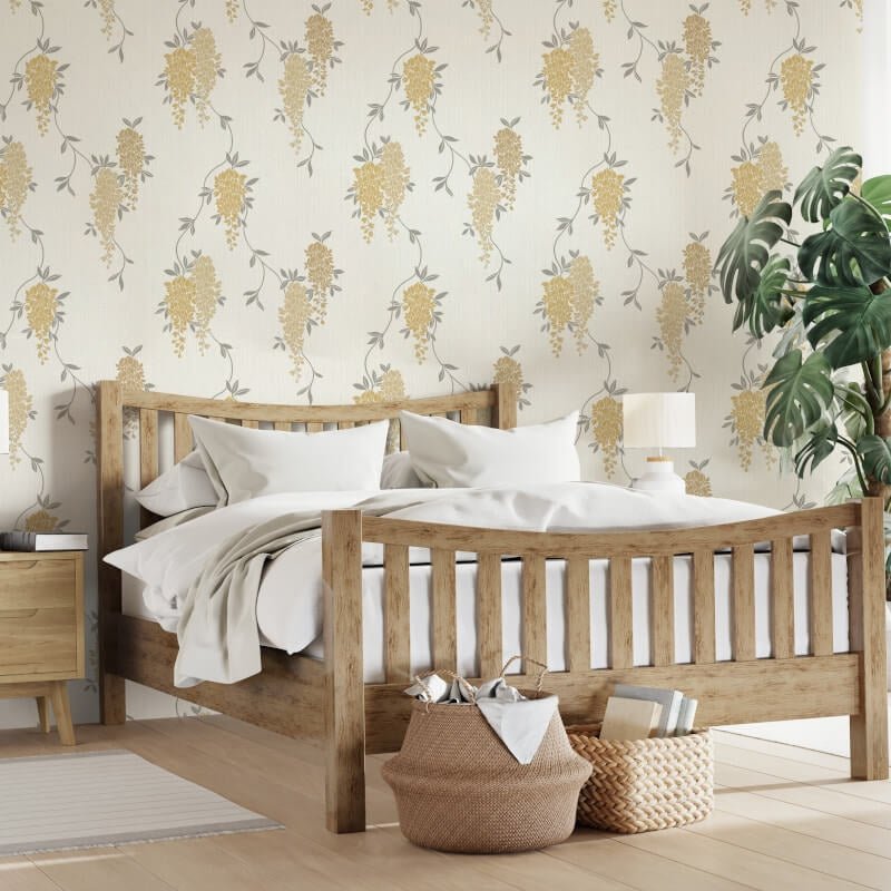 Wisteria Floral Metallic Wallpaper - Ochre - Fine Décor - FD43672 - Premier Wallcovering