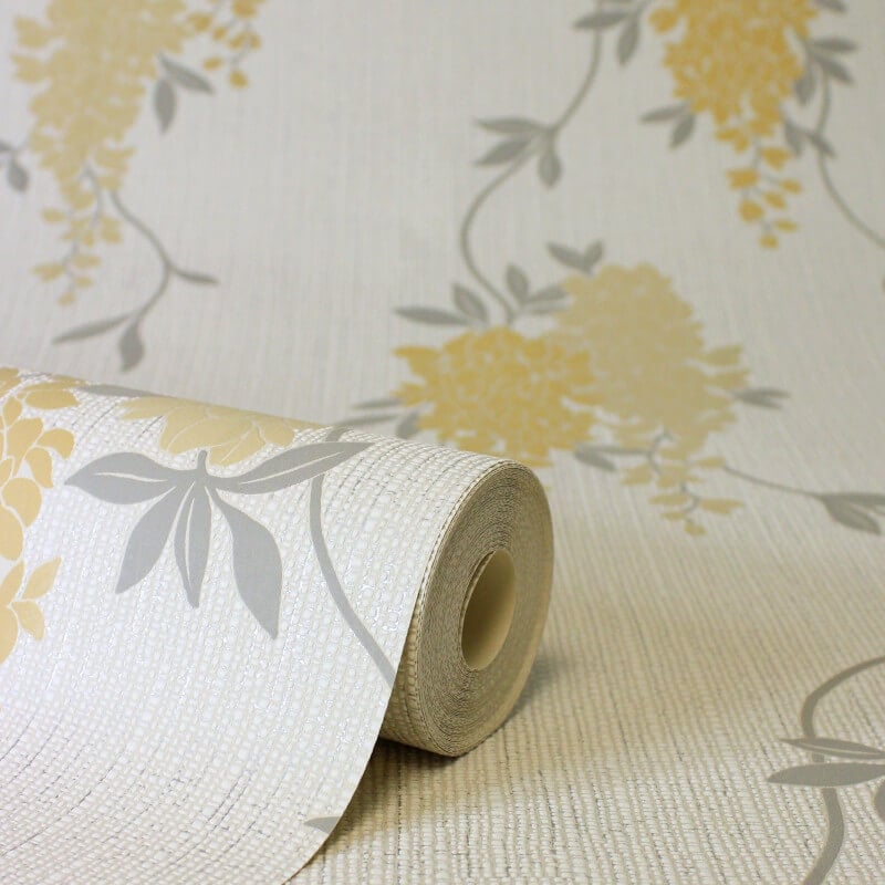 Wisteria Floral Metallic Wallpaper - Ochre - Fine Décor - FD43672 - Premier Wallcovering